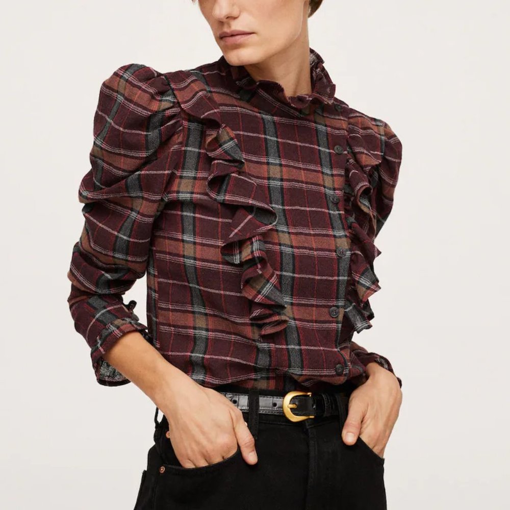 Mango Checked Frill Blouse